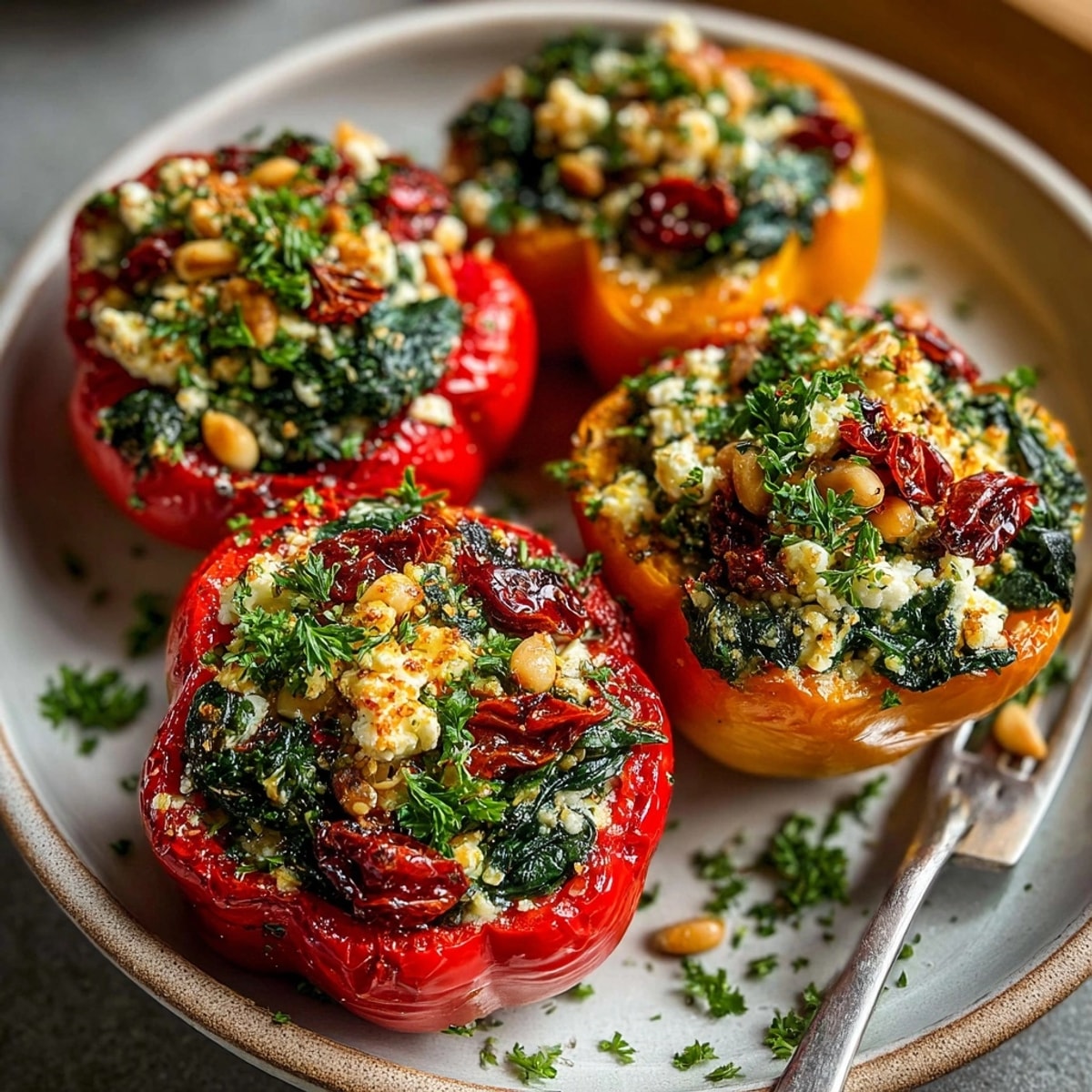 Close-up of vibrant Mediterranean Spinach & Feta Stuffed Peppers, fresh herbs, ready to serve.