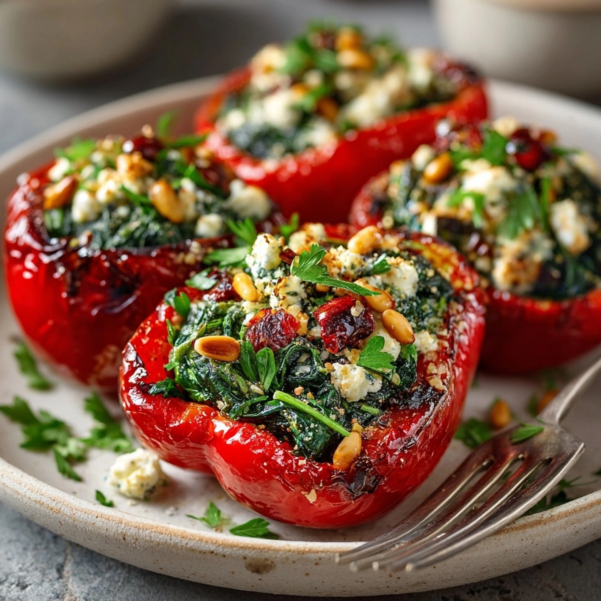 Warm aroma rising from cheesy, colorful, homemade Mediterranean Spinach & Feta Stuffed Peppers.