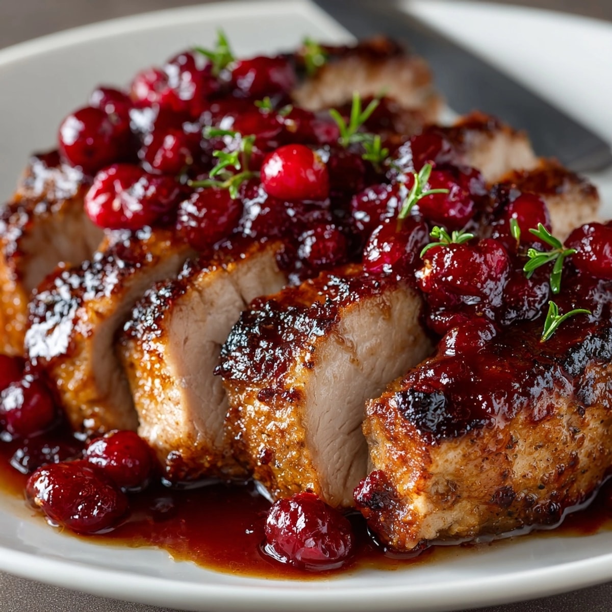Festive Cranberry Orange Roast Pork Loin: beautifully plated, garnished with rosemary.