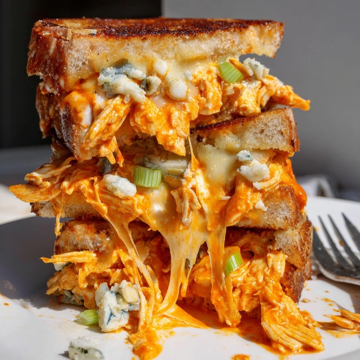 Homemade Buffalo Chicken Grilled Cheese, warm and delicious, served with creamy ranch dressing.