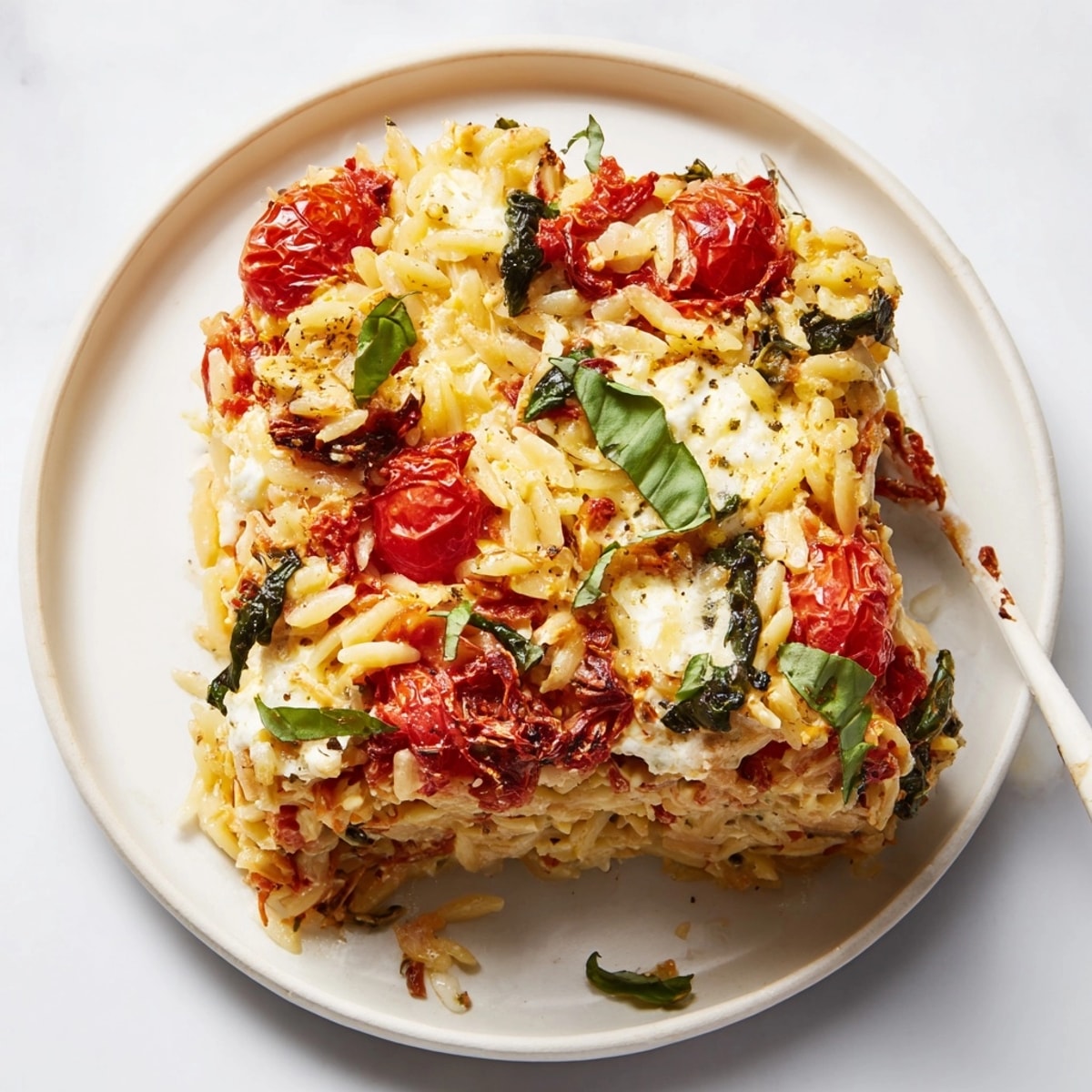 Close-up of a bubbling Sun-Dried Tomato Orzo Bake, golden cheese crust, garnished with basil.