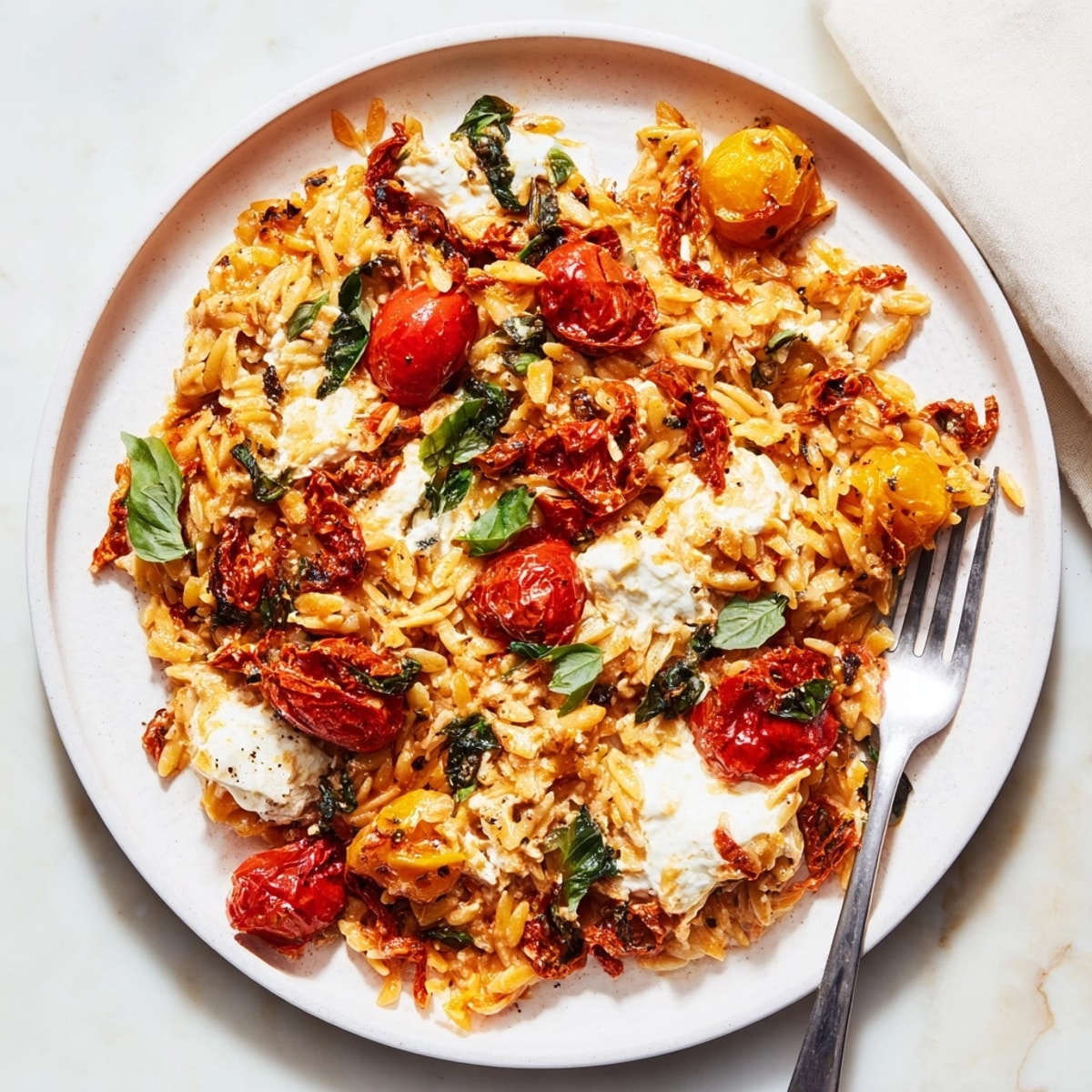 Imagine scooping a portion of this Sun-Dried Tomato Orzo Bake with creamy, rich flavors.