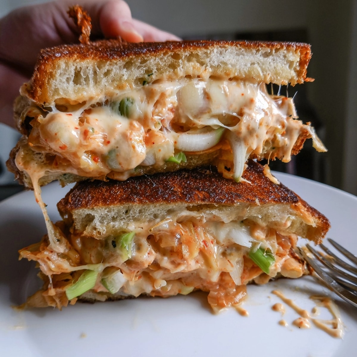 Buttery Kimchi Grilled Cheese Fusion: A close-up showcases bubbling cheese and slightly fermented kimchi.