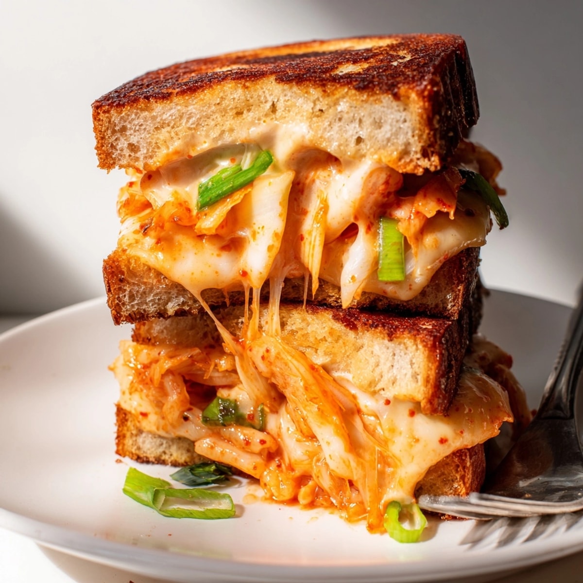 Golden-brown Kimchi Grilled Cheese Fusion oozing with melted cheese, served with creamy tomato soup.