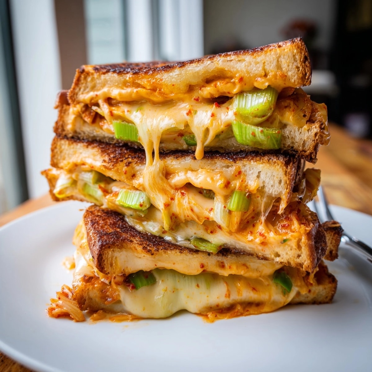 Mouthwatering Kimchi Grilled Cheese Fusion recipe featuring layers of cheddar and spicy, tangy kimchi.