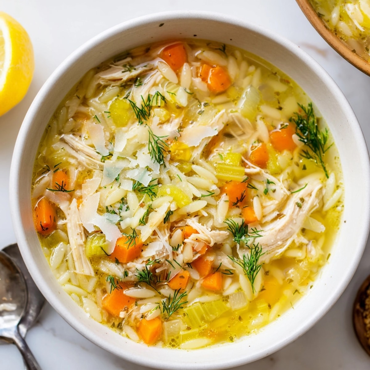 Overhead view of Lemon Chicken Orzo Soup, steamy, garnished with fresh dill and lemon.