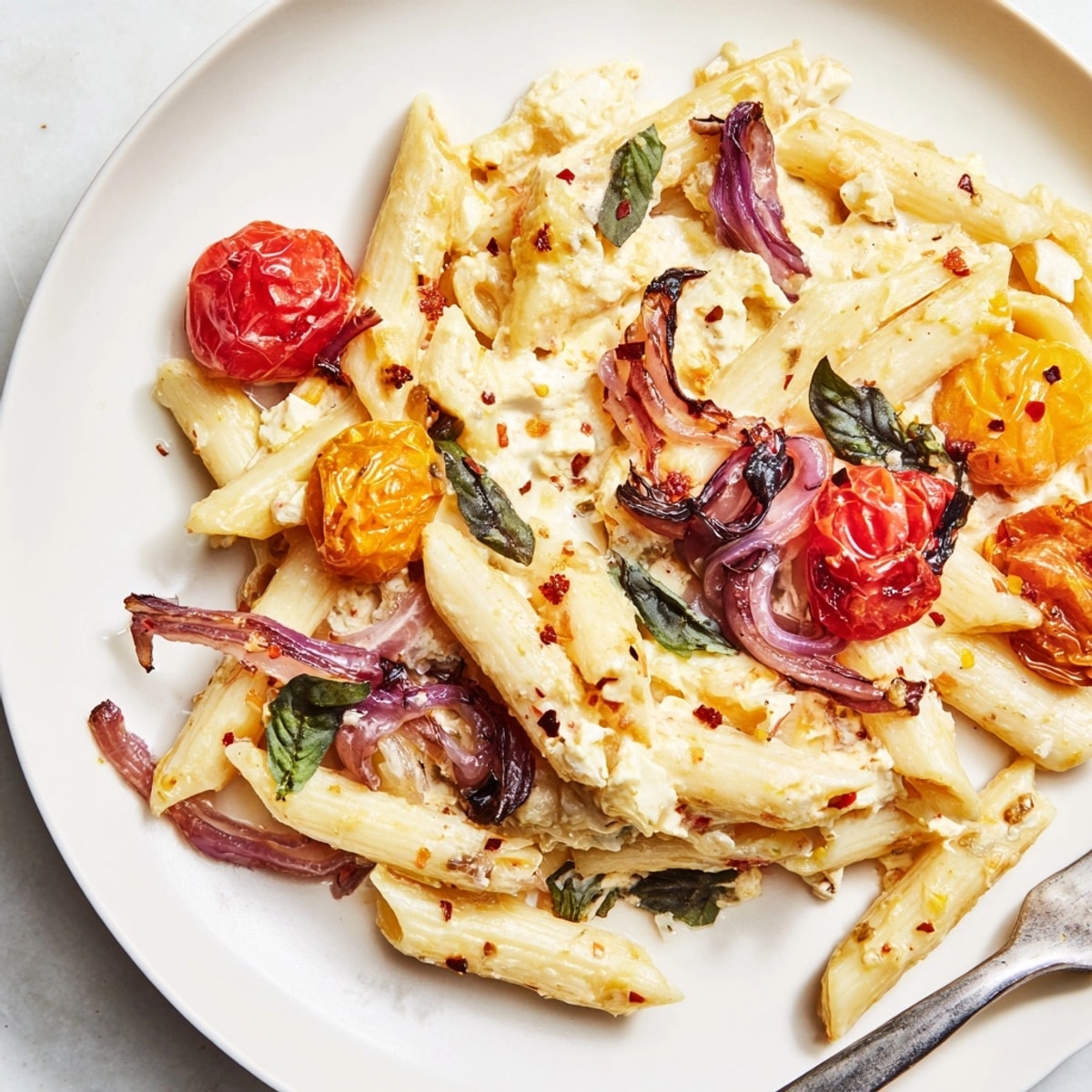 Baked Feta Pasta with Cherry Tomatoes, a tantalizing close-up showing bubbling, melted cheese.