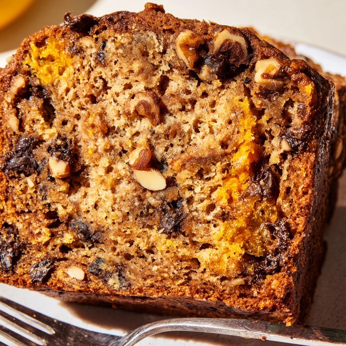 Close-up of a golden Protein Pumpkin Banana Loaf, speckled with walnuts.