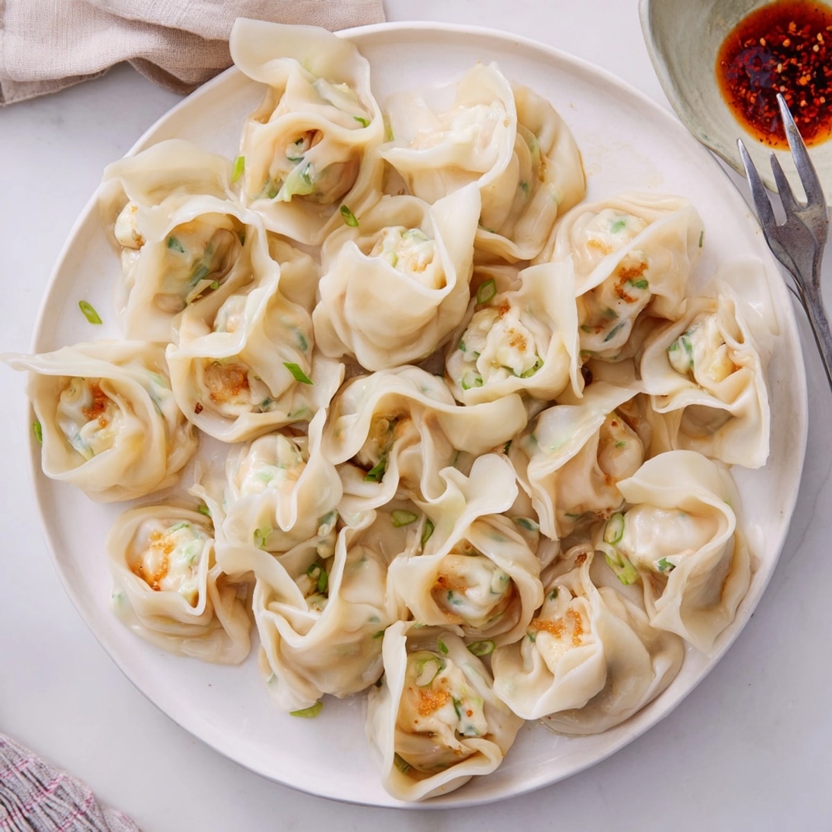 Close-up of steaming cheesy shrimp scallion dumplings, hinting at juicy, flavorful filling inside.