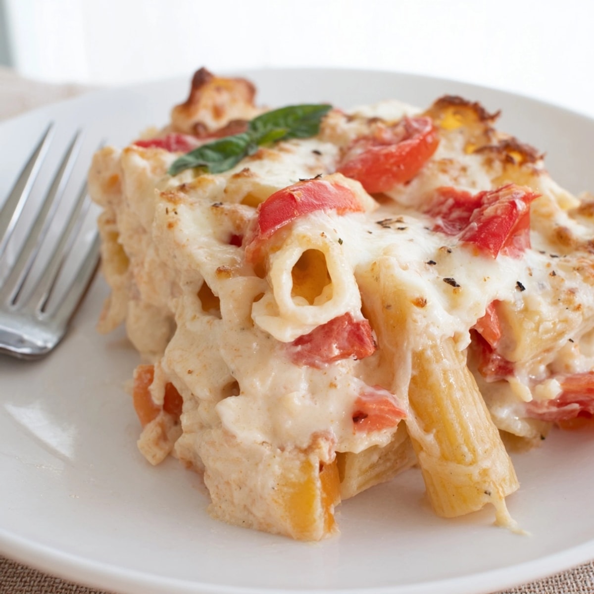 Golden, bubbly Alfredo Ricotta Tomato Casserole, fresh basil garnish, baked and ready to serve.