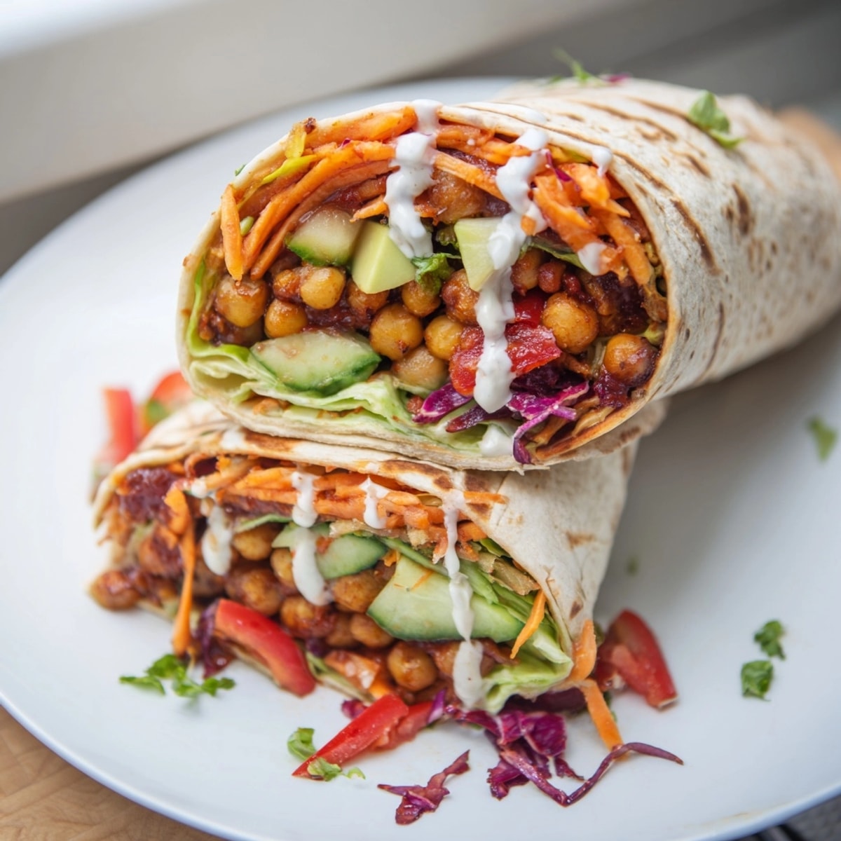 Cajun BBQ chickpea wraps filled with crisp vegetables, glistening with sauce and served warm.