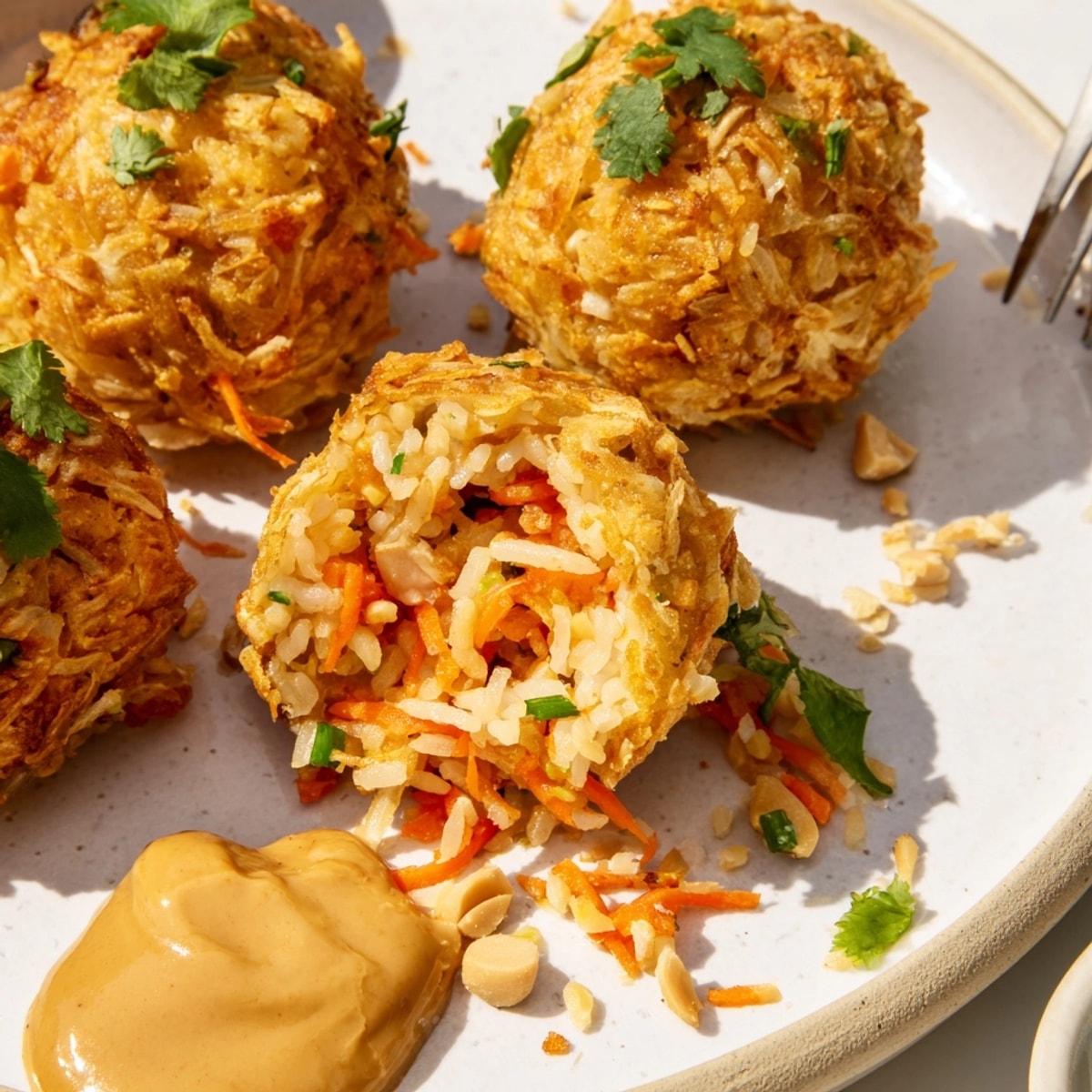 Golden-fried Thai Peanut Fried Rice Balls, piled high, served with creamy peanut sauce.