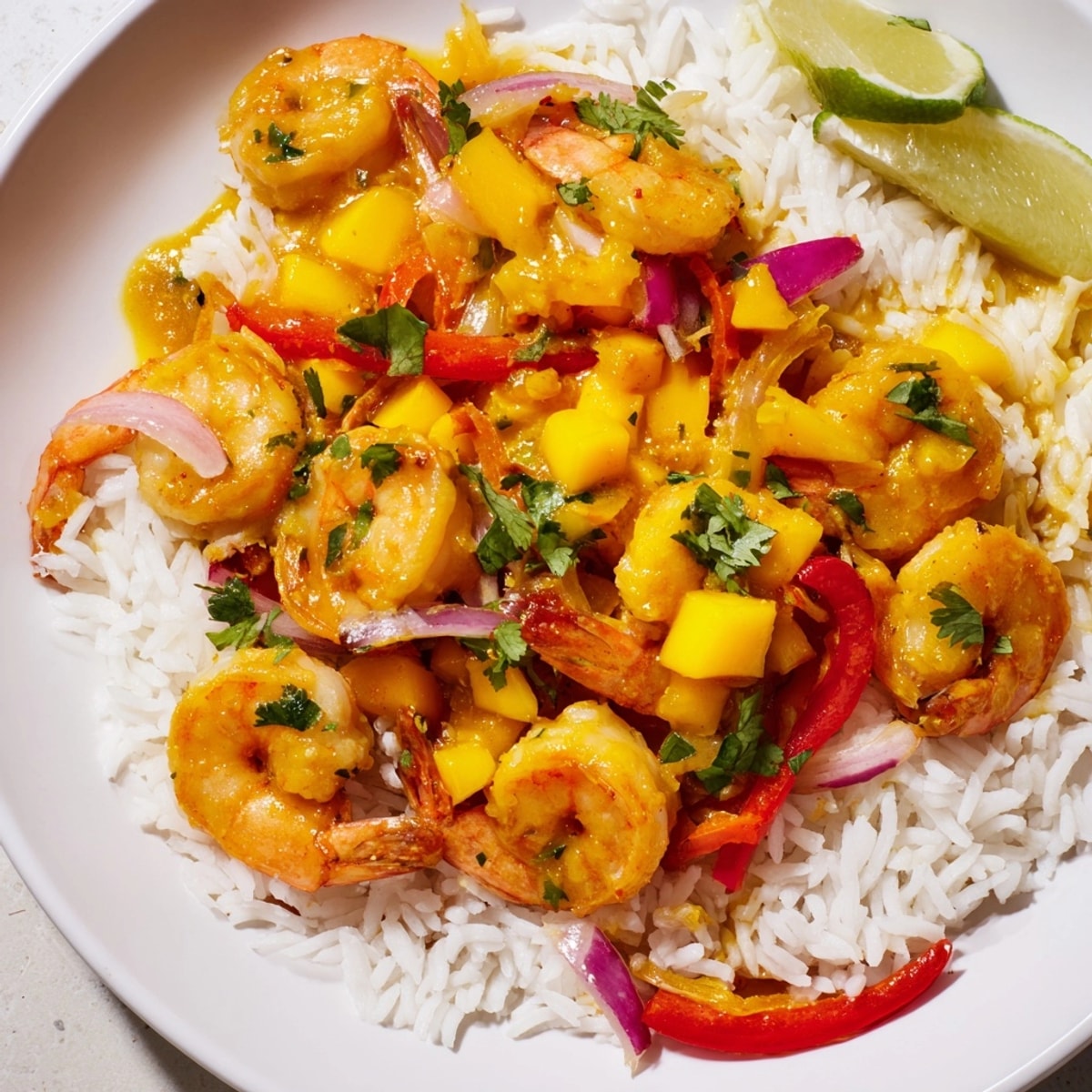 Savory Shrimp and Mango Curry Skillet showcases vibrant colors, a Southeast Asian-inspired quick dinner idea.