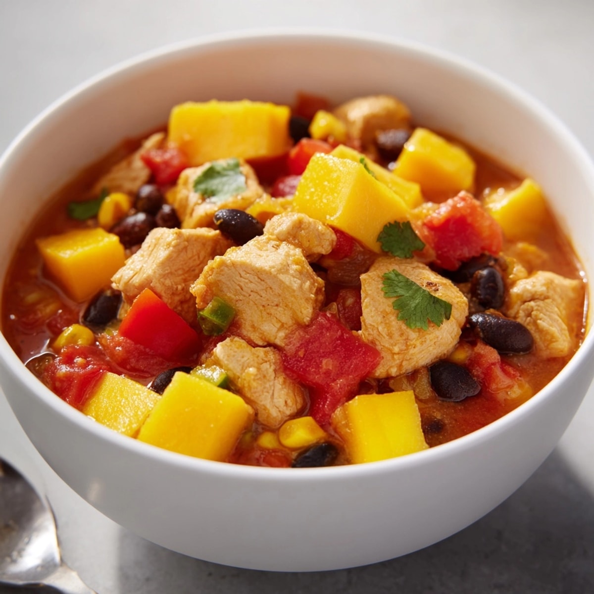 Close-up: hearty Mango Southwest Chicken Chili simmering, garnished with fresh cilantro.