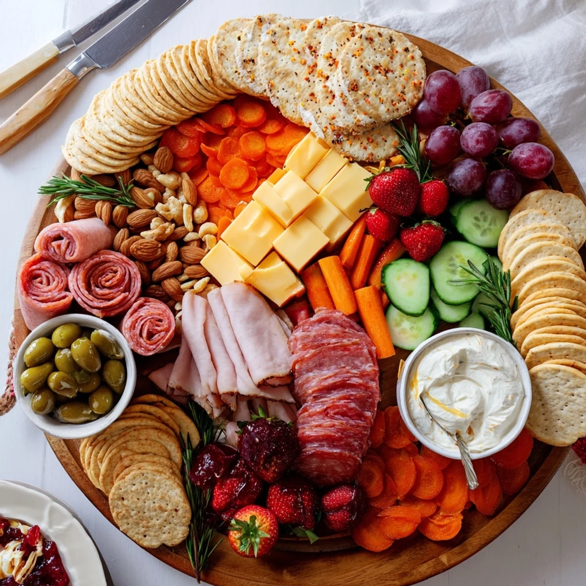 Colorful assortment of meats, cheeses, and holiday dips on a festive charcuterie board.
