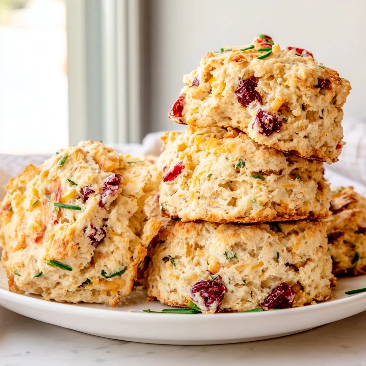 Fluffy cranberry jalapeño dip cheddar biscuits golden brown, ready to serve warm with butter.  