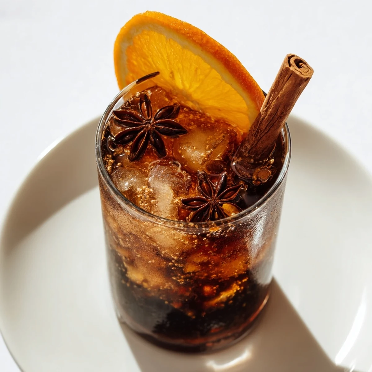 Cinnamon-Spiced Chai Fizz topped with vibrant orange slices and sparkling bubbles.  