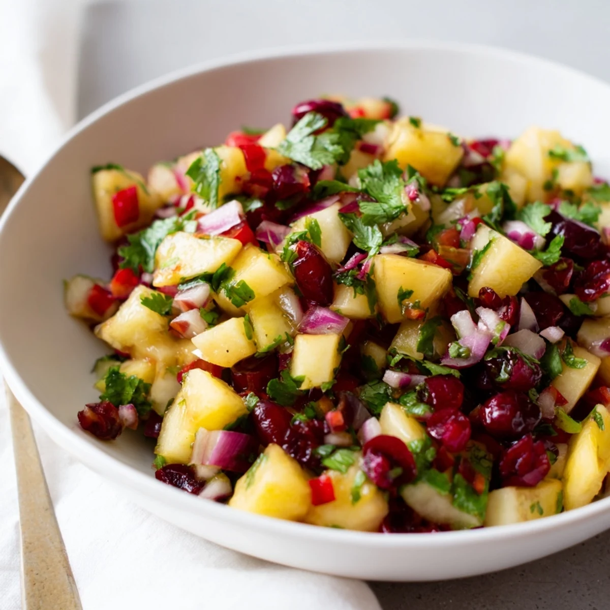 Fresh, sweet-tart Pear and Cranberry Jalapeño Salsa garnished with cilantro, perfect for dipping.  