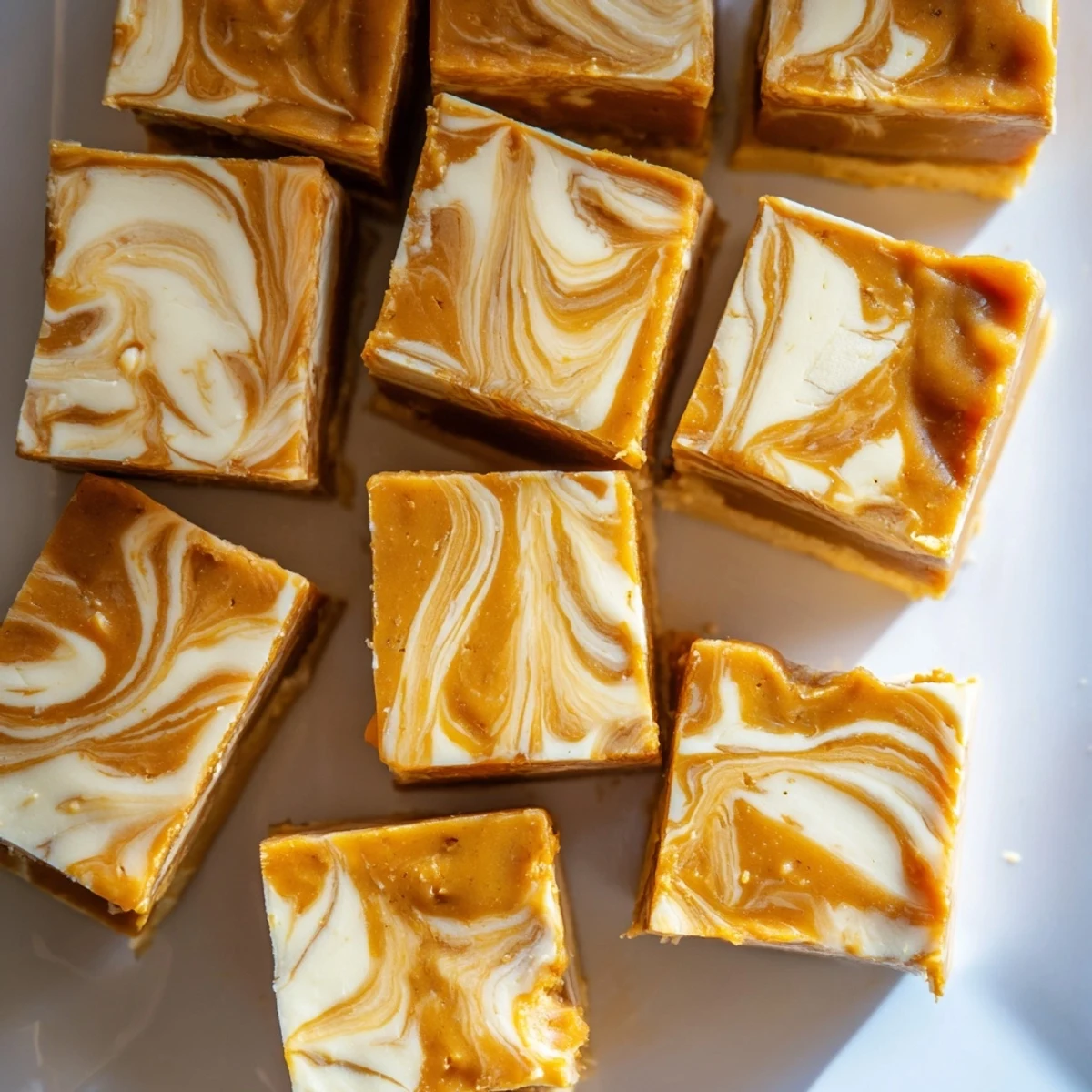 Luxurious pumpkin caramel cheesecake fudge garnished with a rich, creamy swirl.  