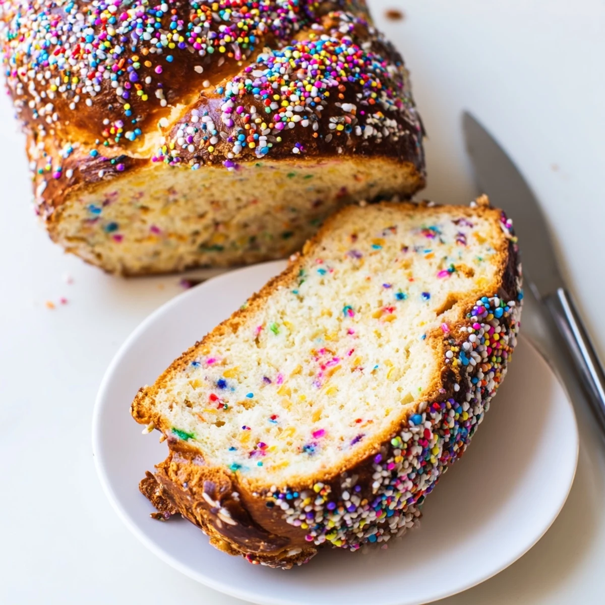A delightful Birthday Cake Pretzel Loaf topped with colorful sprinkles and flaky salt.  