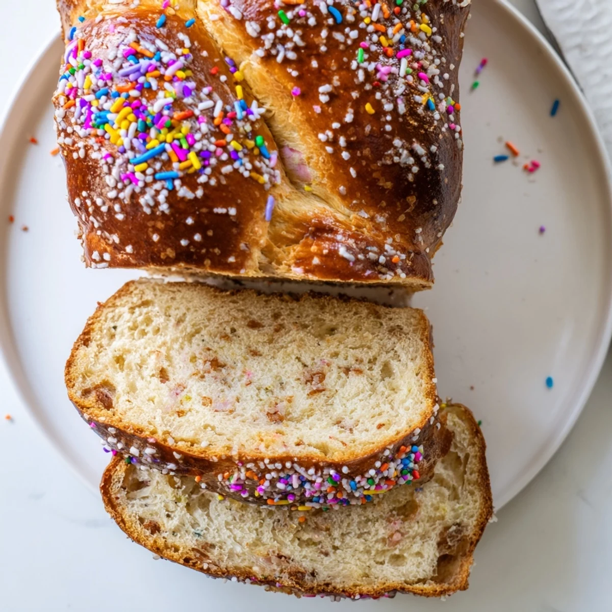 Golden-brown Birthday Cake Pretzel Loaf drizzled with creamy glaze, perfect for celebrations.  
