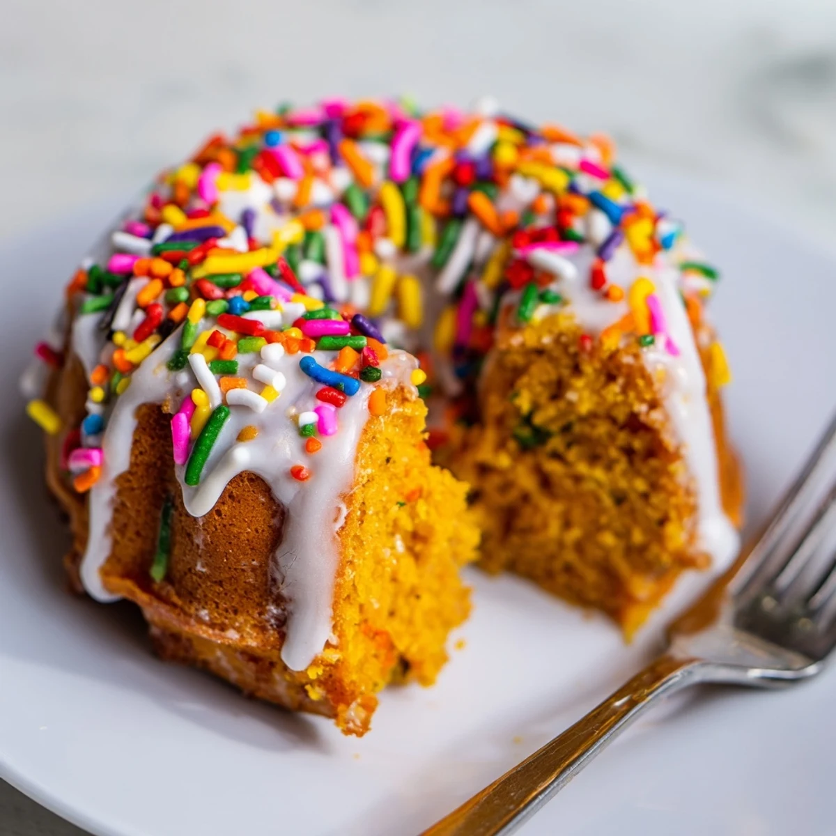 Soft Funfetti Pumpkin Muffin Donuts topped with sweet glaze and colorful sprinkles.  