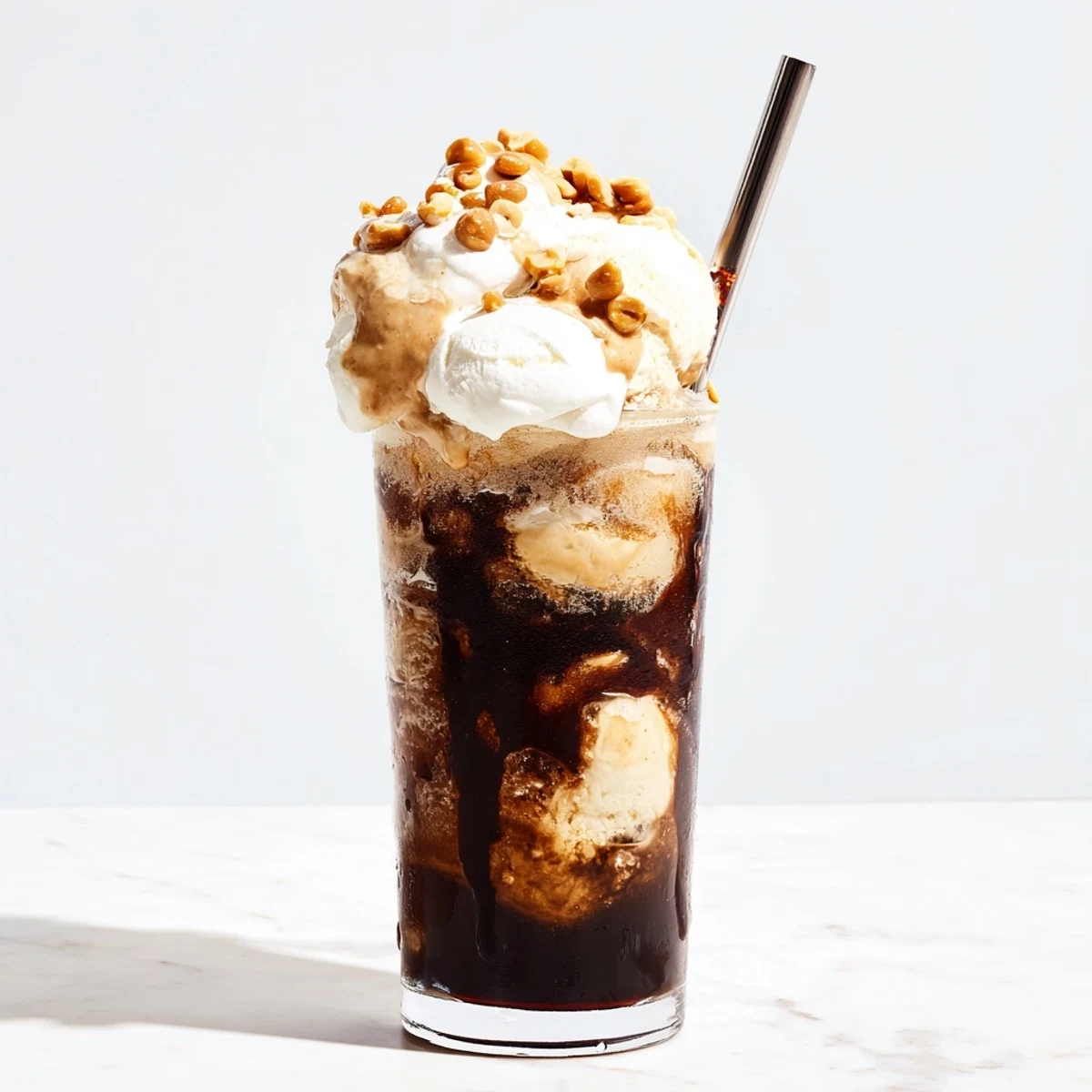 Creamy Peanut Butter Bourbon Soda Float topped with whipped cream and chocolate drizzle.  