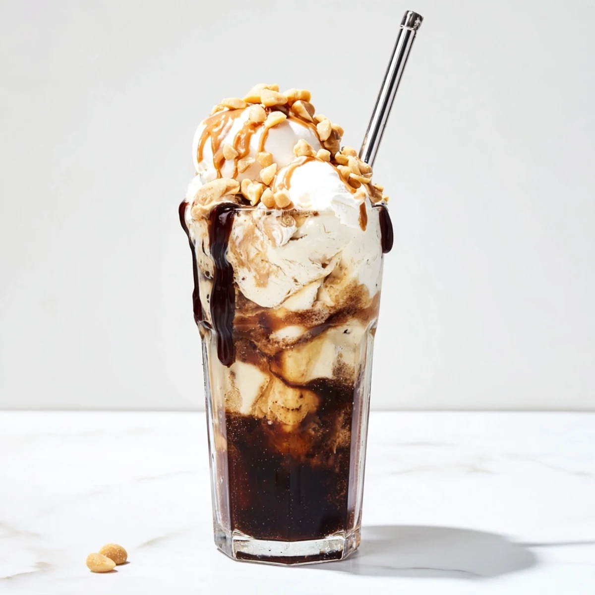 Indulgent Peanut Butter Bourbon Soda Float in a tall glass, rich and fizzy.  