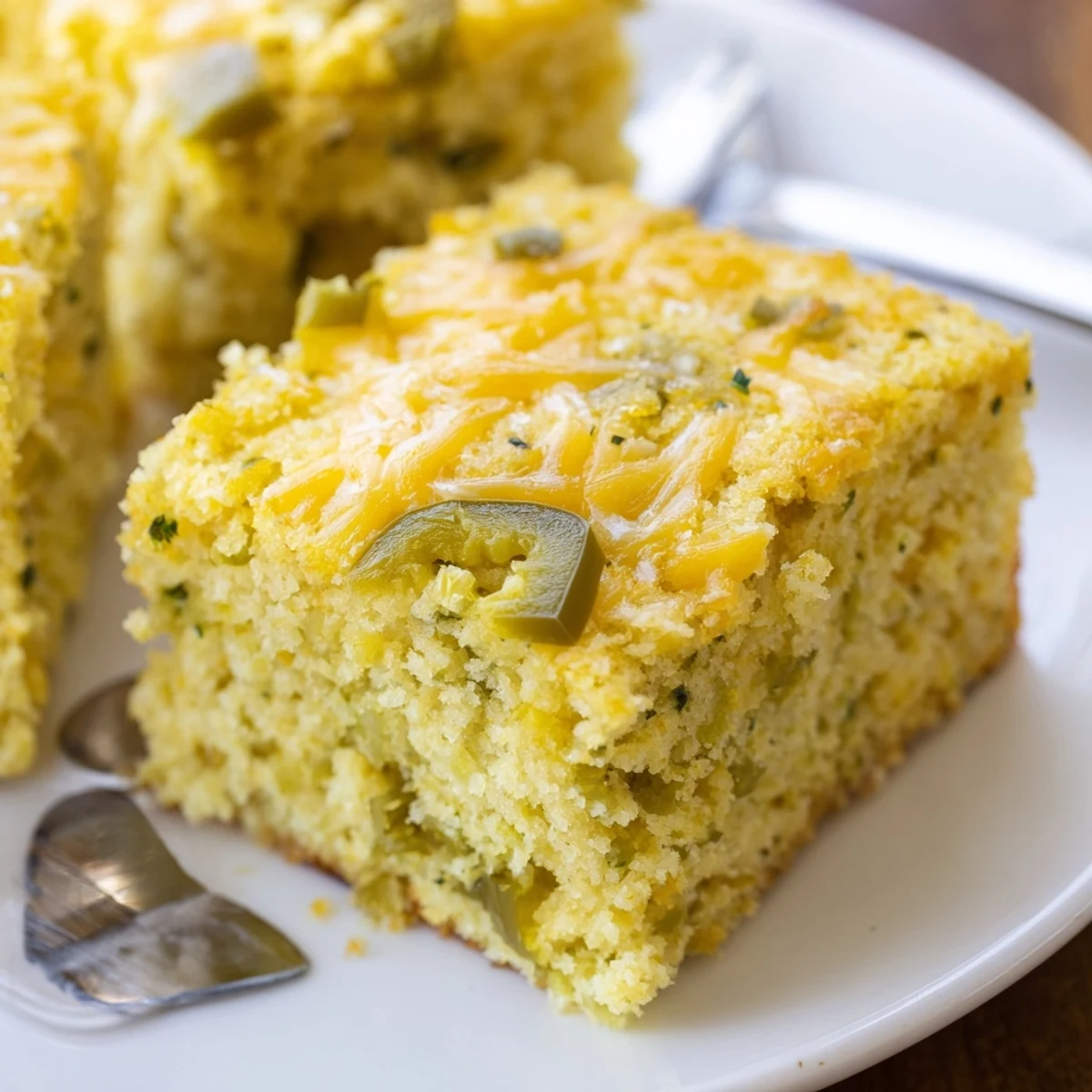 Warm Southern Pickle Jalapeño Cornbread, bursting with tangy flavors, great with chili dishes.