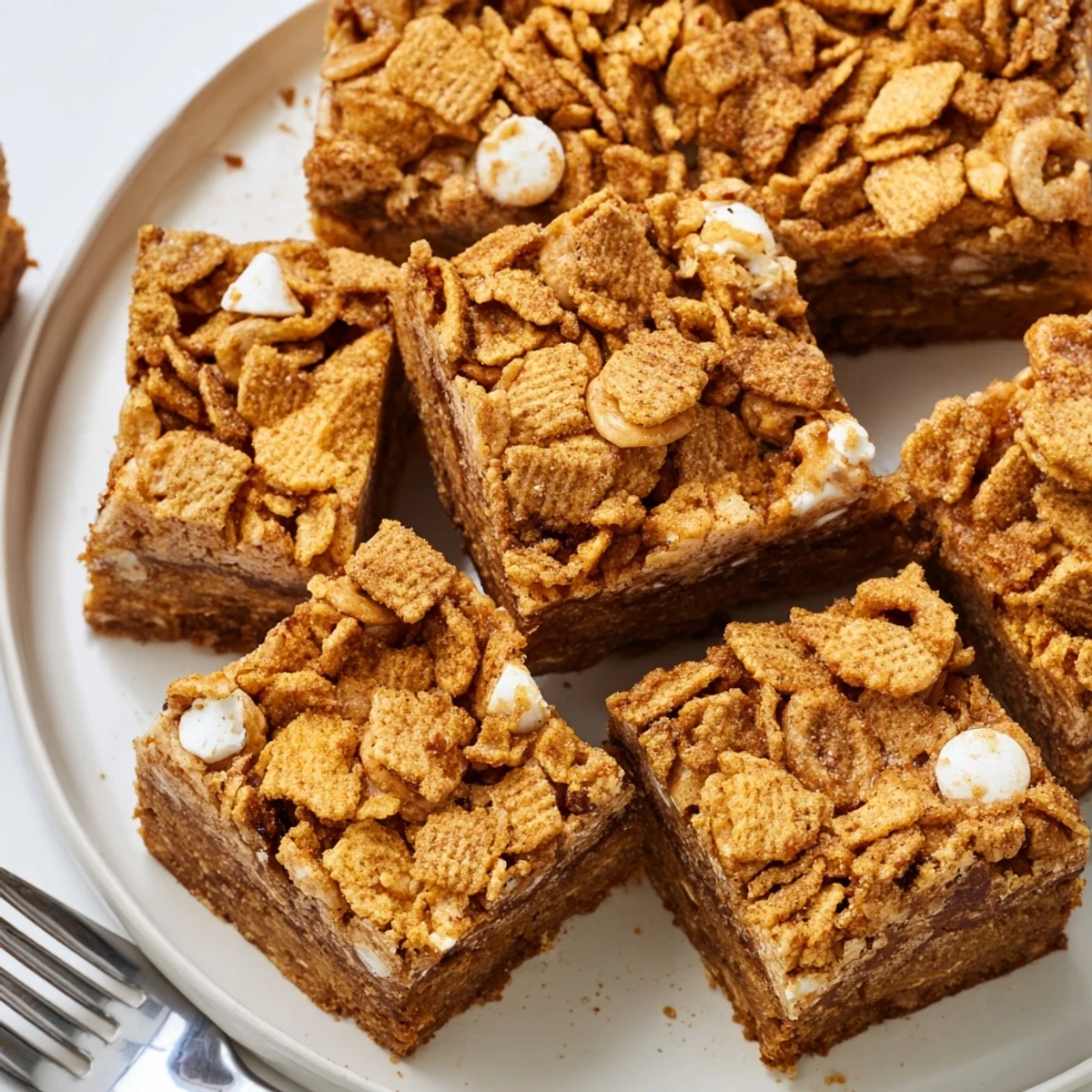 Chewy Cinnamon Toast Crunch Blondies topped with crunchy cereal and cinnamon sugar drizzle.  