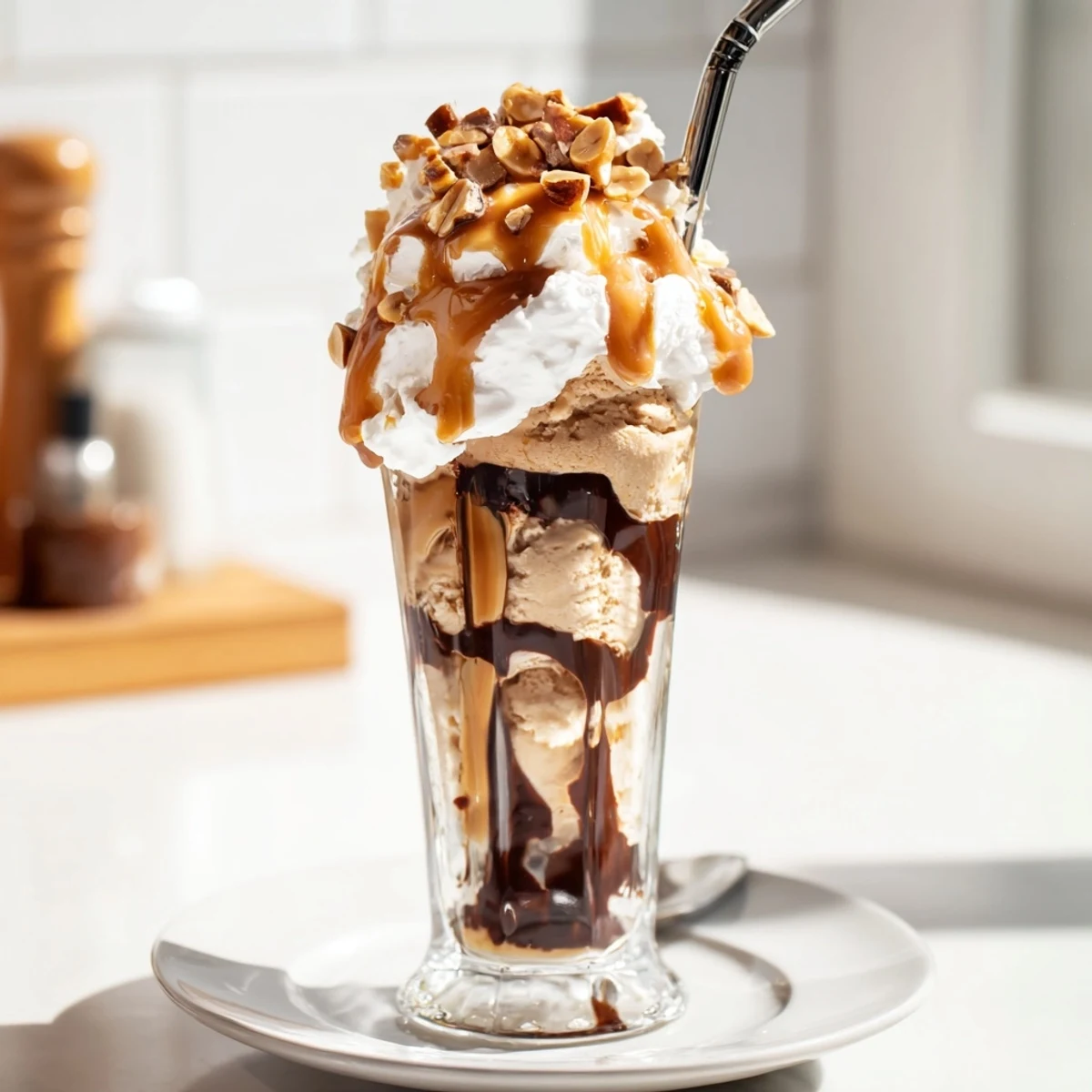 Creamy Peanut Butter Bourbon Soda Float topped with whipped cream and peanuts.