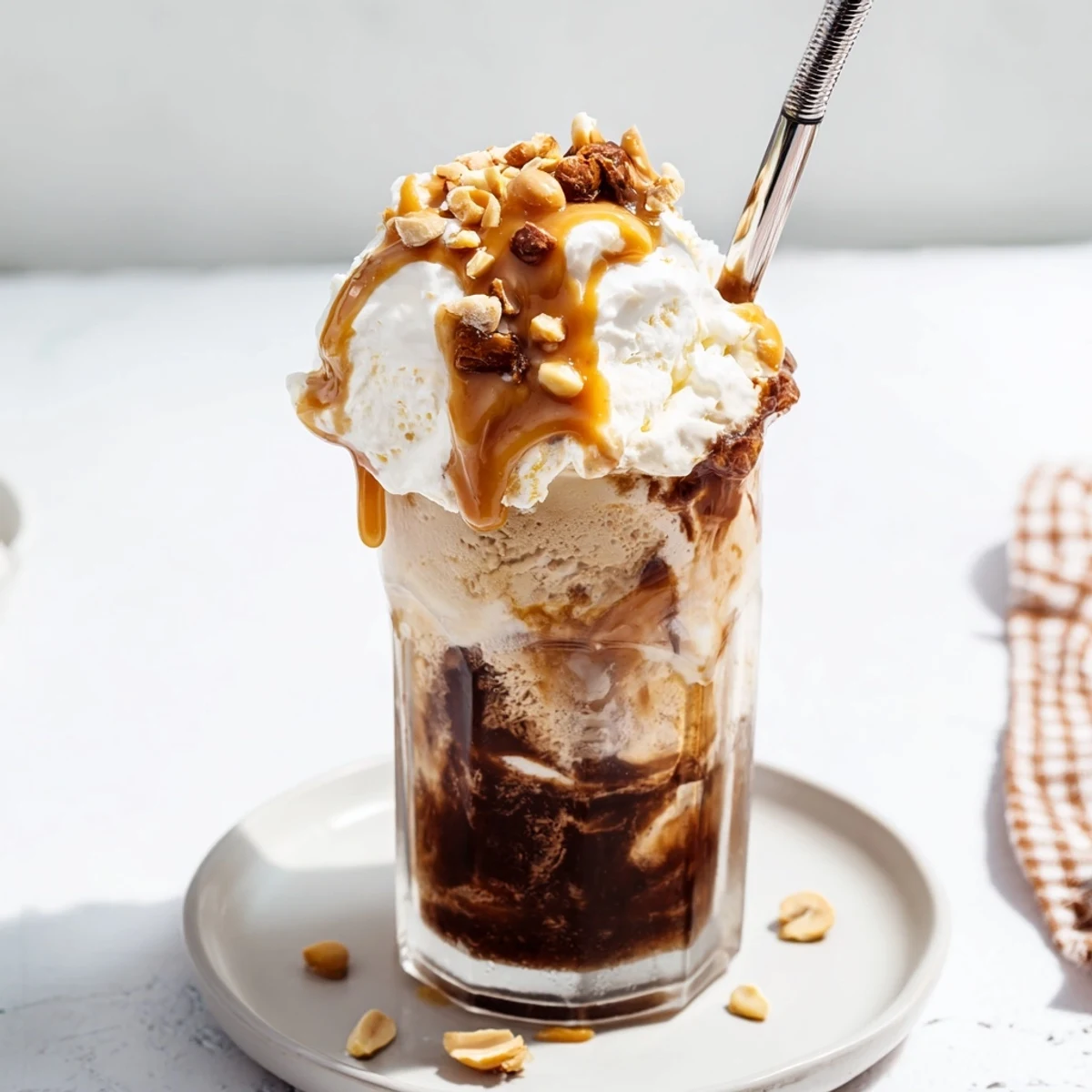 Indulge in a Peanut Butter Bourbon Soda Float with rich vanilla ice cream.