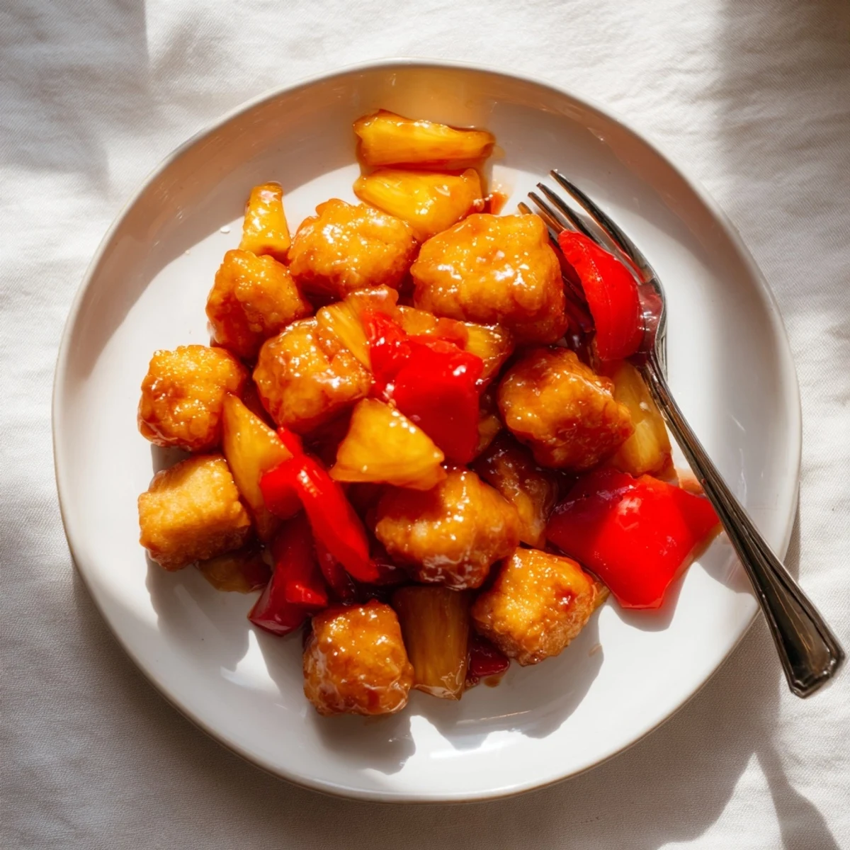 Crispy Sweet and Sour Tofu with vibrant bell peppers and juicy pineapple chunks.  