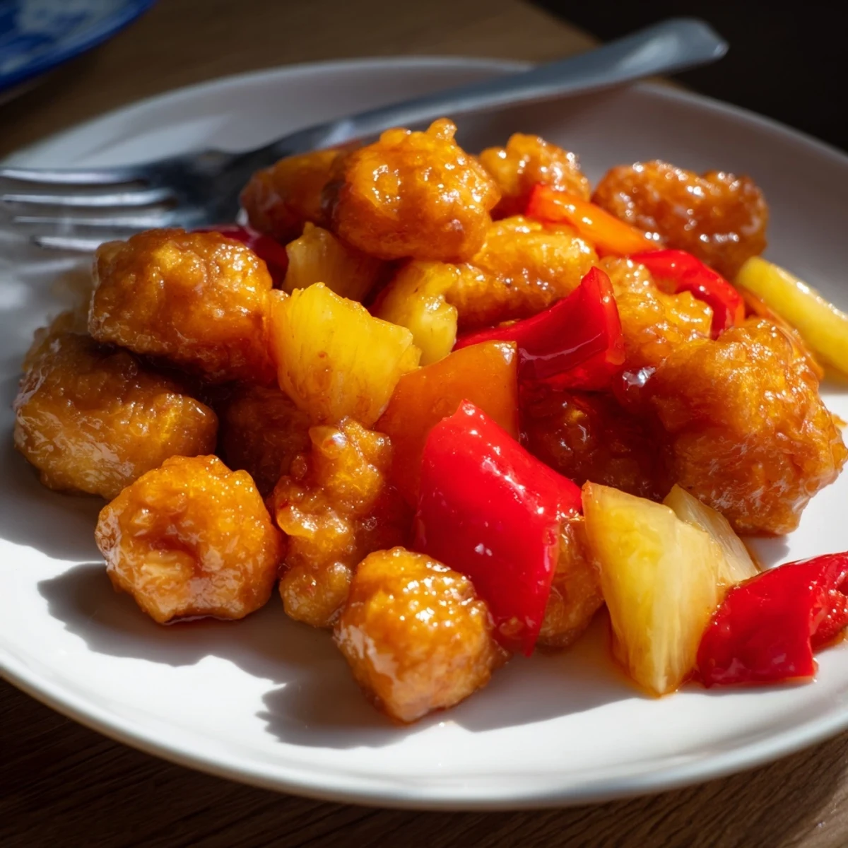 Pan-fried Sweet and Sour Tofu glistening in tangy sauce, served over steamed rice.  