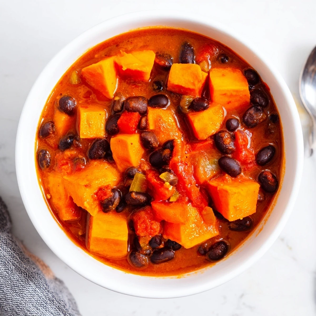 Hearty sweet potato and black bean chili simmered for a flavorful vegan meal.  