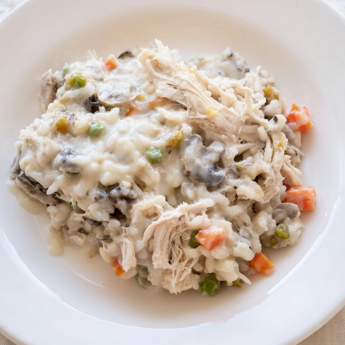 Creamy chicken and rice casserole topped with melted cheese, perfect for dinner.  