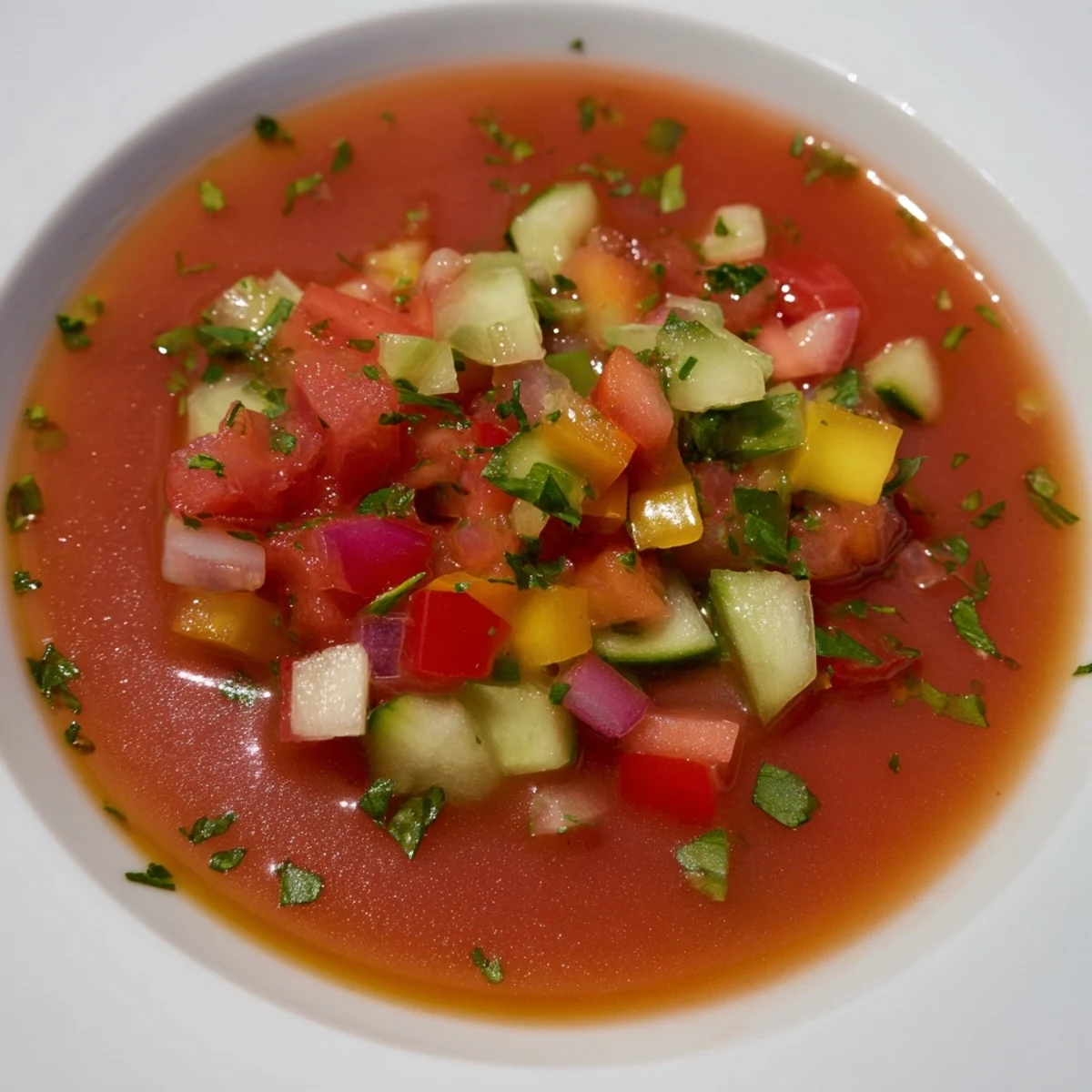 Chilled Tomato and Cucumber Gazpacho garnished with parsley, perfect for summer days.  