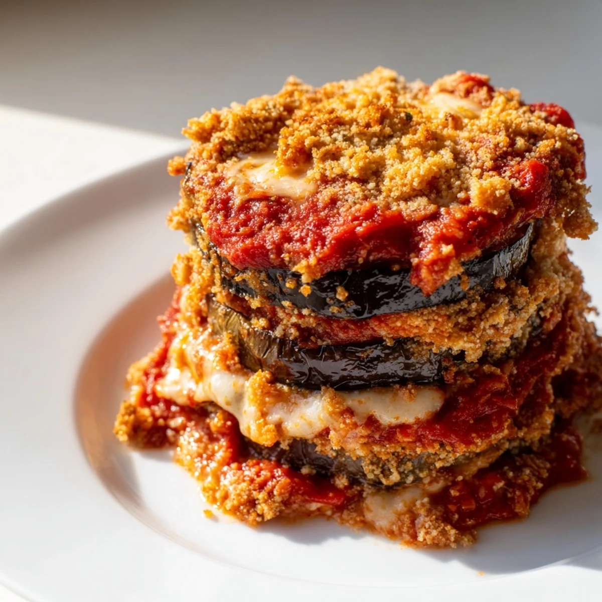 Baked Eggplant Parmesan with layers of melted cheese and rich marinara sauce, fresh out of the oven.  