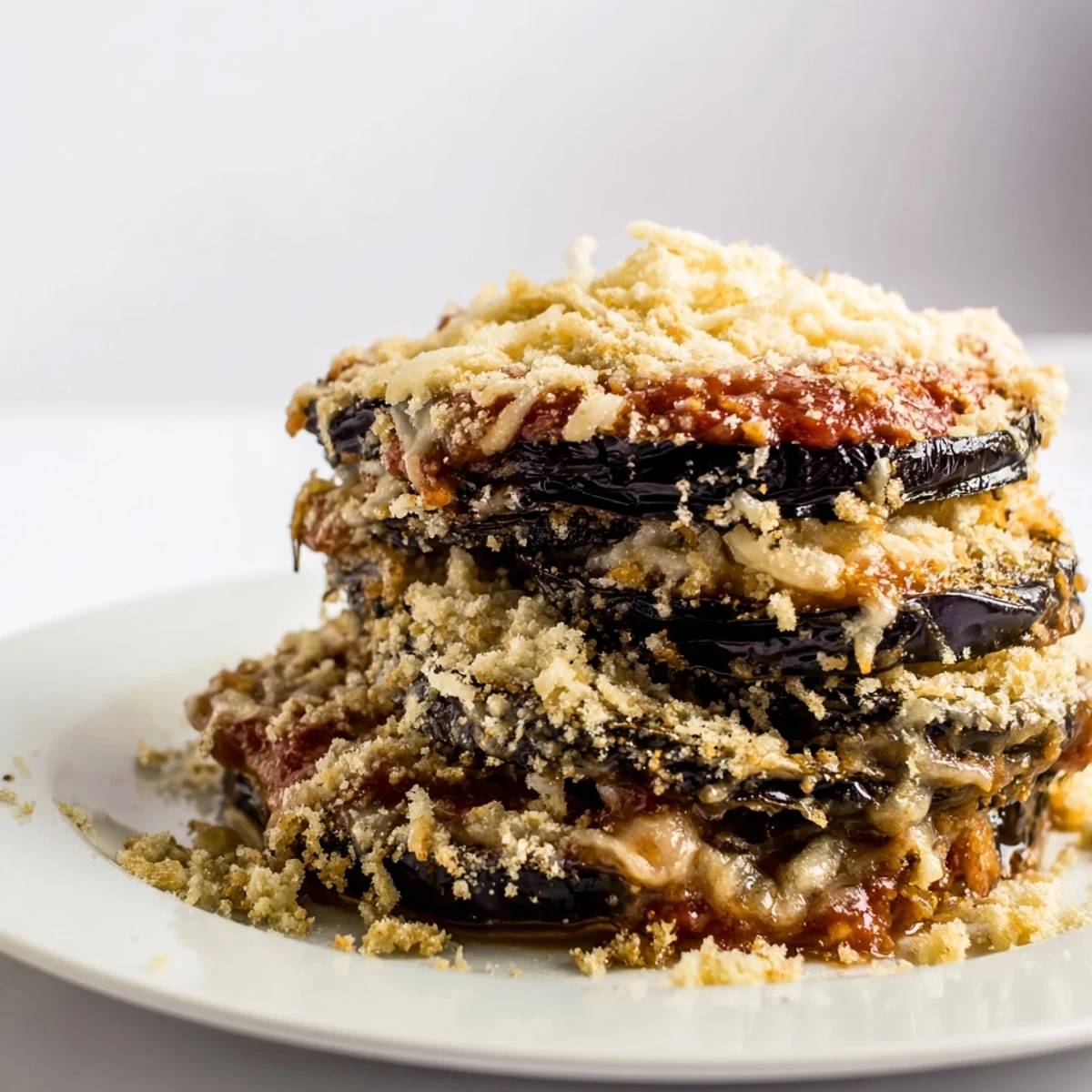 Golden brown Baked Eggplant Parmesan topped with crispy breadcrumbs and fresh basil garnish.  