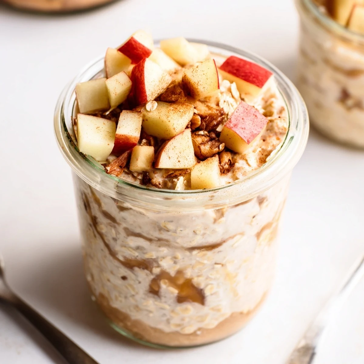 Cozy Cinnamon Apple Overnight Oats topped with fresh fruit and crunchy nuts.  