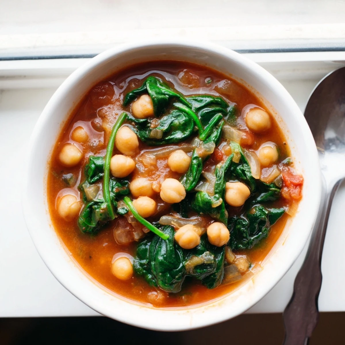 A vibrant Chickpea and Spinach Stew simmering with fresh ingredients and spices.  