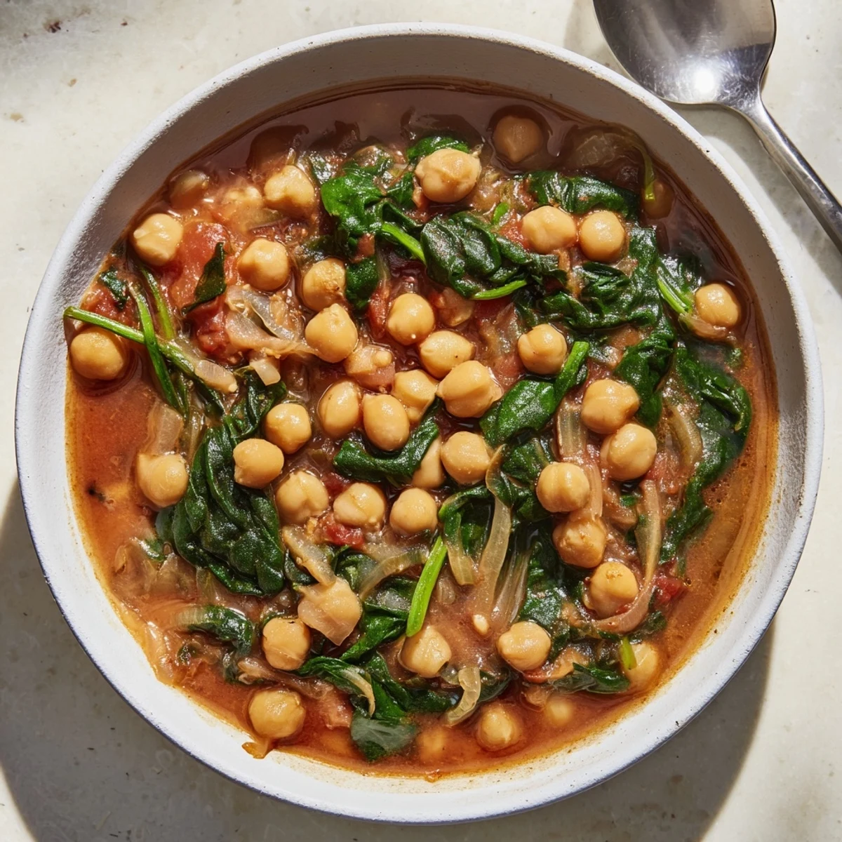 Hearty Chickpea and Spinach Stew served warm, perfect with crusty flatbread.  