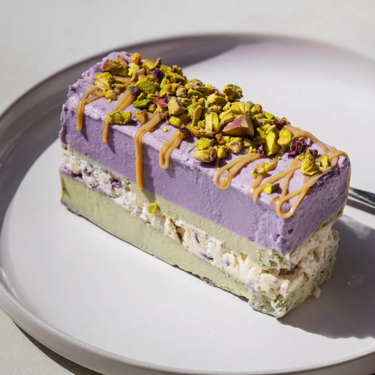 Delightful ube and pistachio ice cream bars drizzled with sweetened condensed milk.