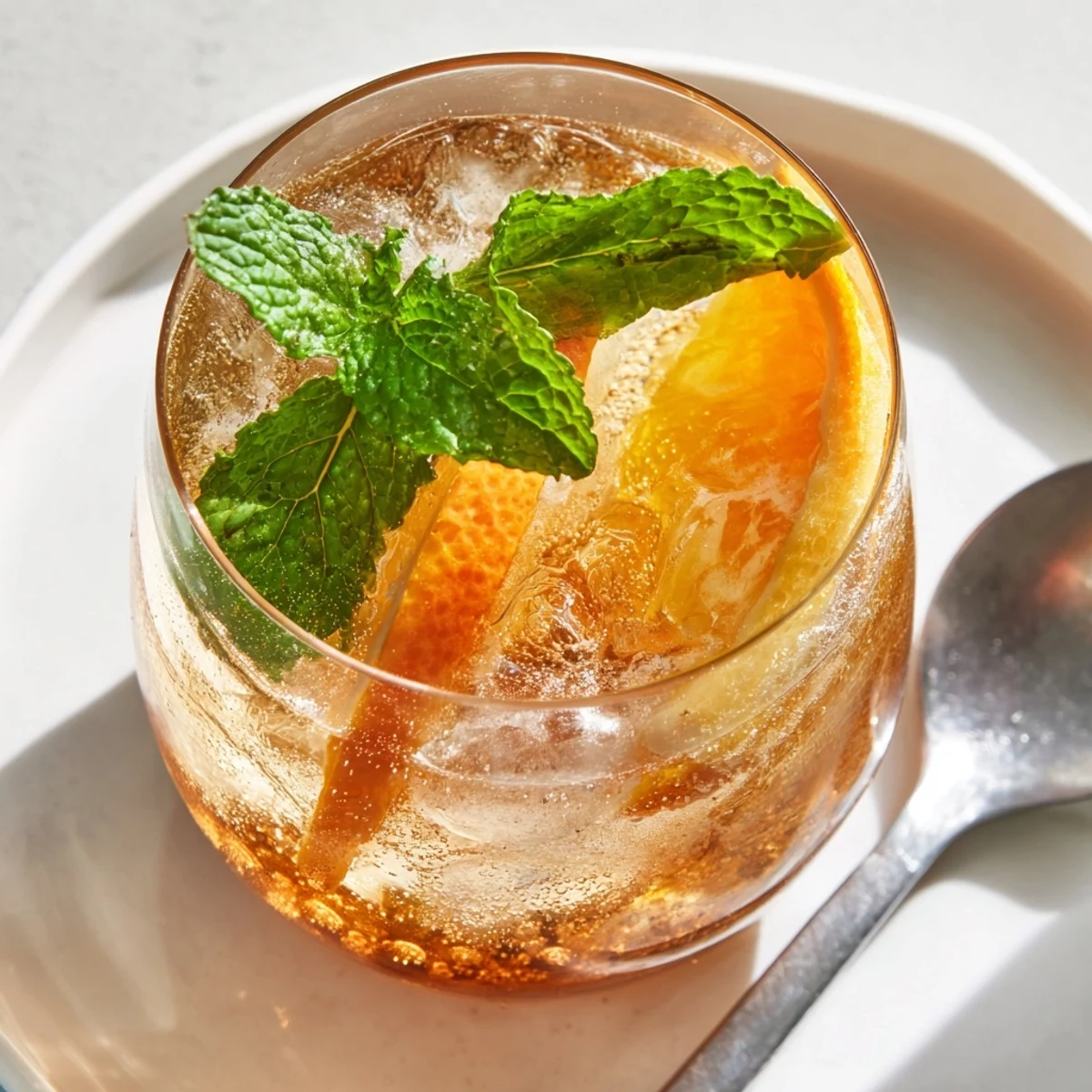 Refreshing probiotic soda mocktail served with ice and garnished orange slices.  