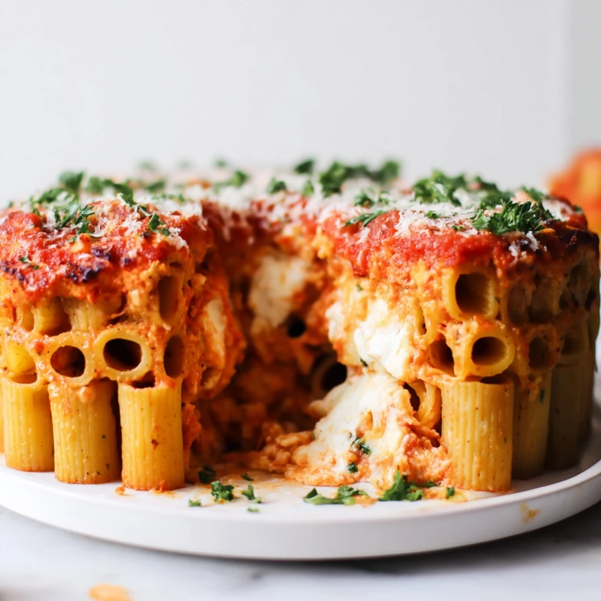 Warm honeycomb pasta cake filled with ricotta, topped with bubbling mozzarella cheese.  
