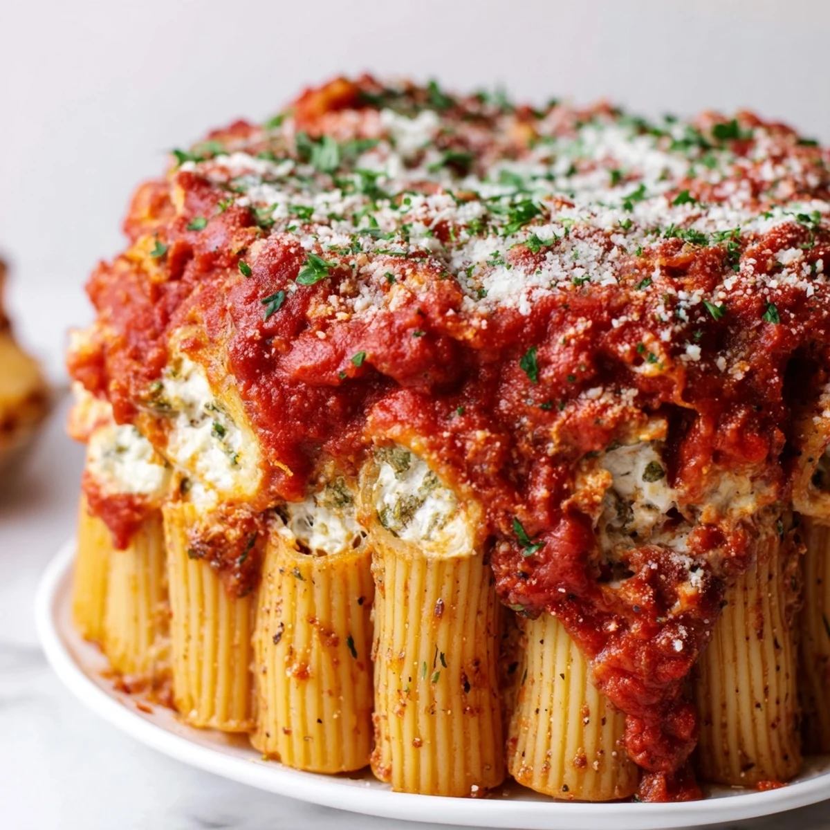 Colorful honeycomb pasta cake with vibrant tomato sauce, perfect for dinner parties.