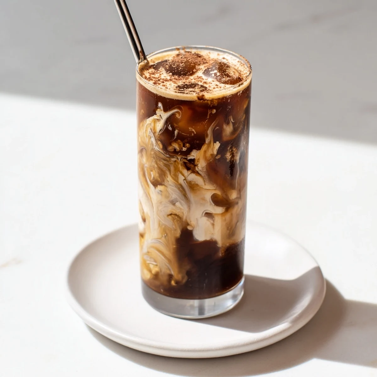 Rich tahini iced coffee served over ice, perfect for hot summer days.  