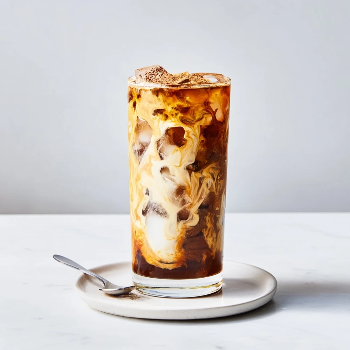 Creamy tahini iced coffee topped with plant-based milk for a refreshing treat.  