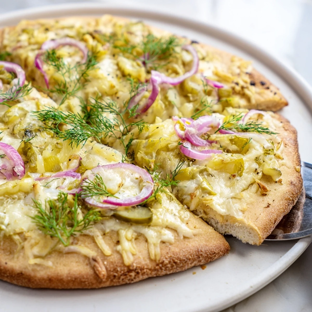 Tangy Pickle Pizza topped with creamy sauce and fresh dill for unique flavor.  