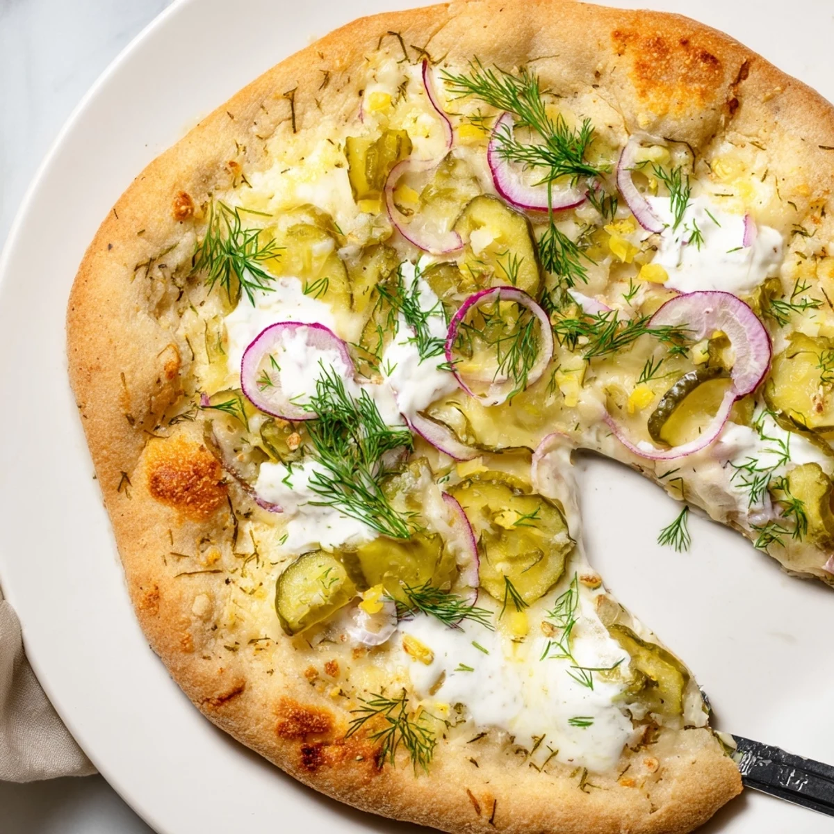 Irresistible Pickle Pizza showcasing mozzarella and zesty crème fraîche under fresh herbs.